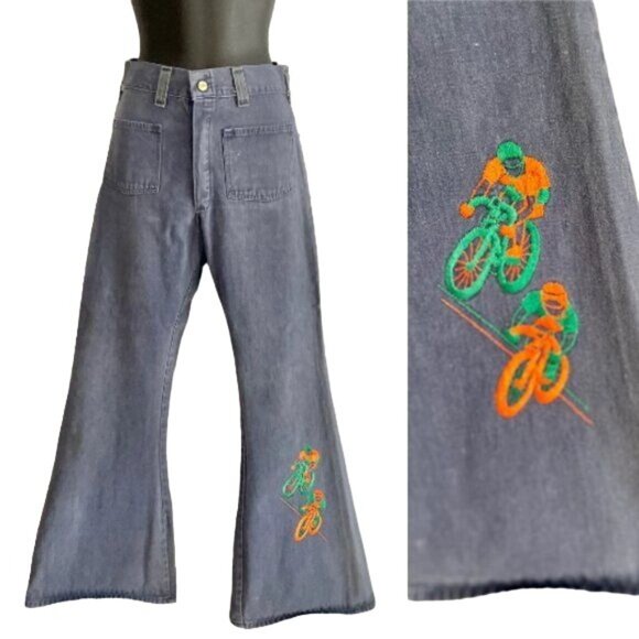 Vintage 1970s Ely Bell Bottoms Jeans with Cyclists High Waist Size 26 Sz S retro - Picture 1 of 10